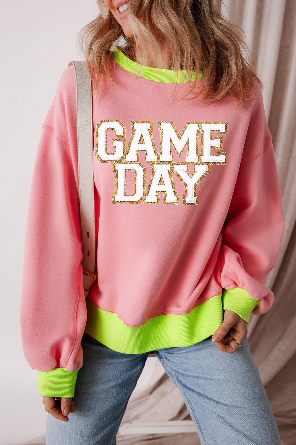 Pink Game Day Glitter Color Block Sweatshirt