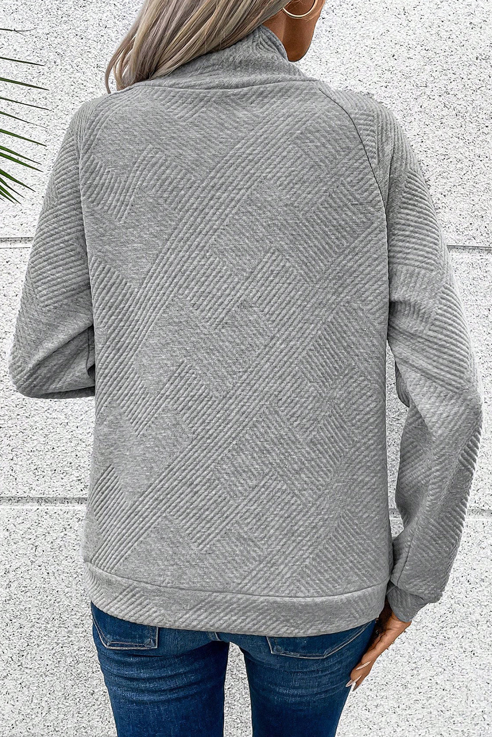 Asymmetric Buttons Detail High Neck Textured Sweatshirt