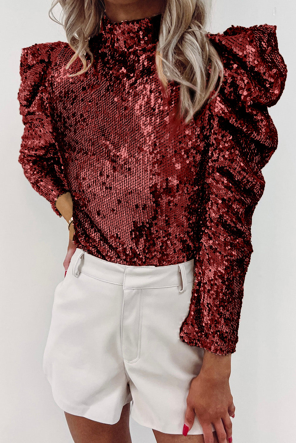 Sequin Mock Neck Bubble Sleeve Top