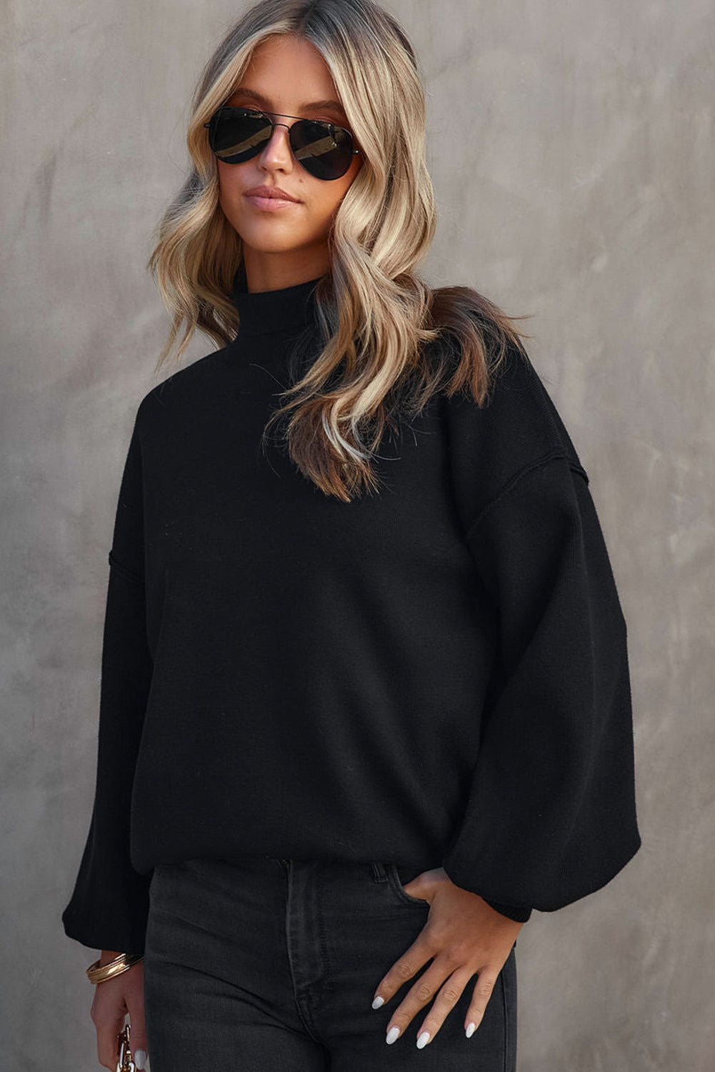 Turtleneck Drop Shoulder Bubble Sleeve Knit Sweater