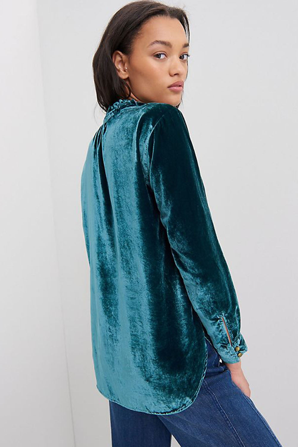 Frilled Neck Buttoned Front Velvet Top