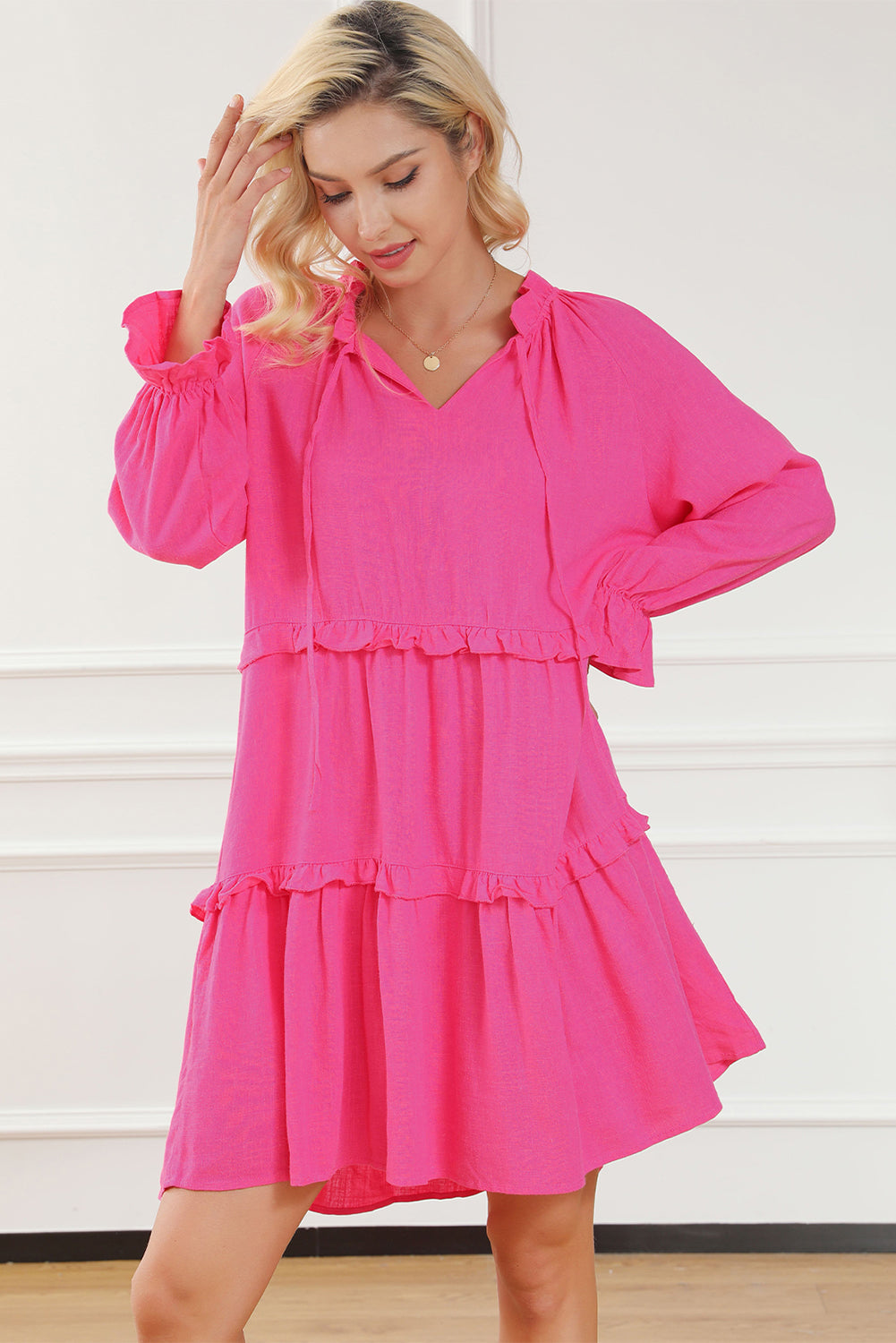 Rose Split V Neck Tiered Frill Babydoll Loose Dress