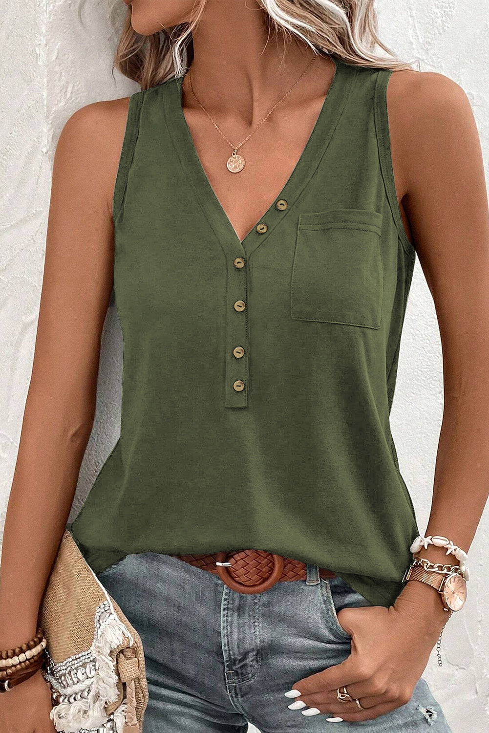 Half Button V Neck Patched Pocket Tank Top