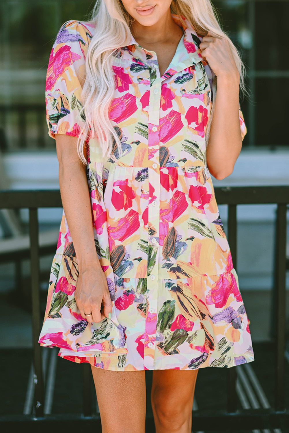 Floral Print Short Sleeve Shirt Dress