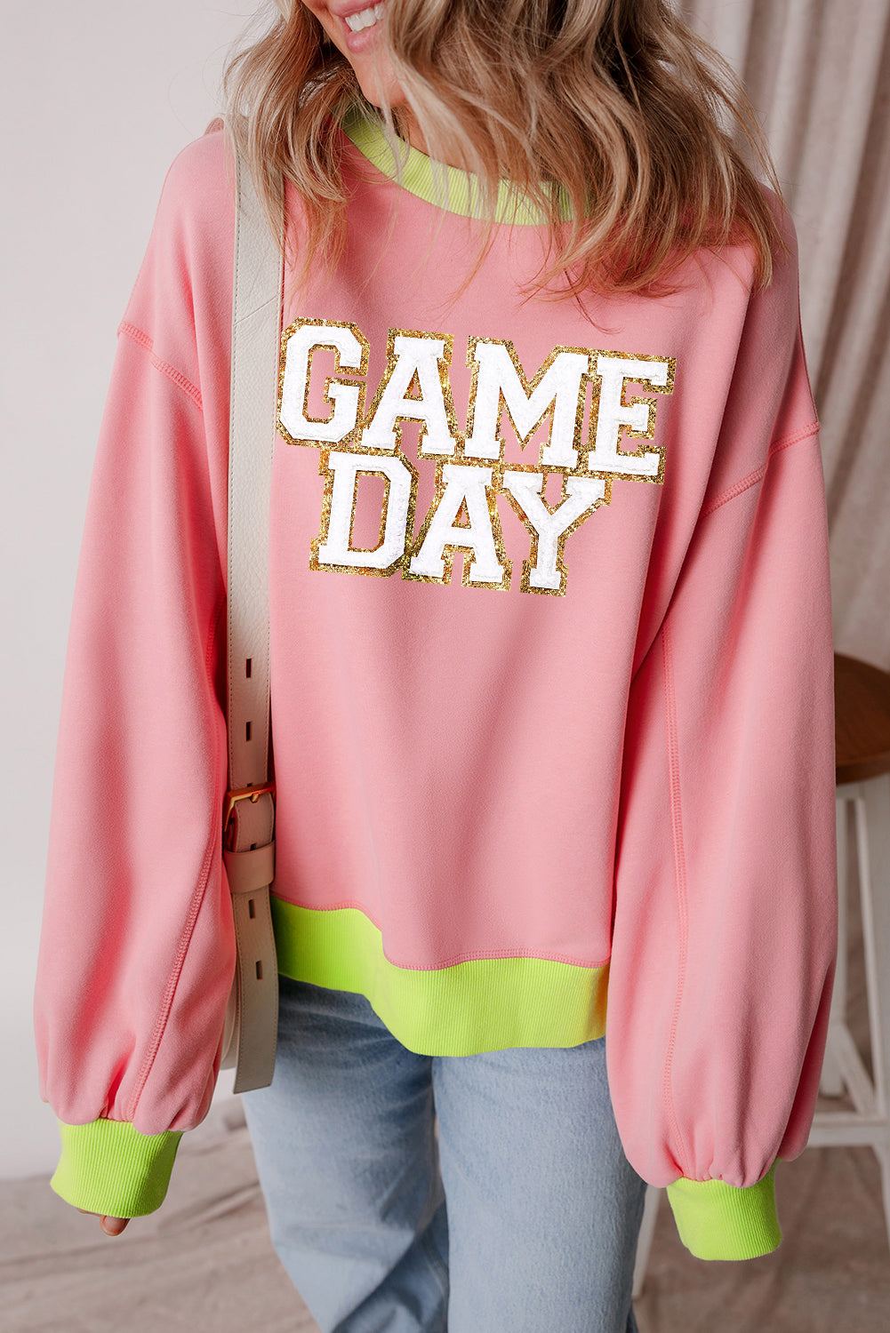 Pink Game Day Glitter Color Block Sweatshirt