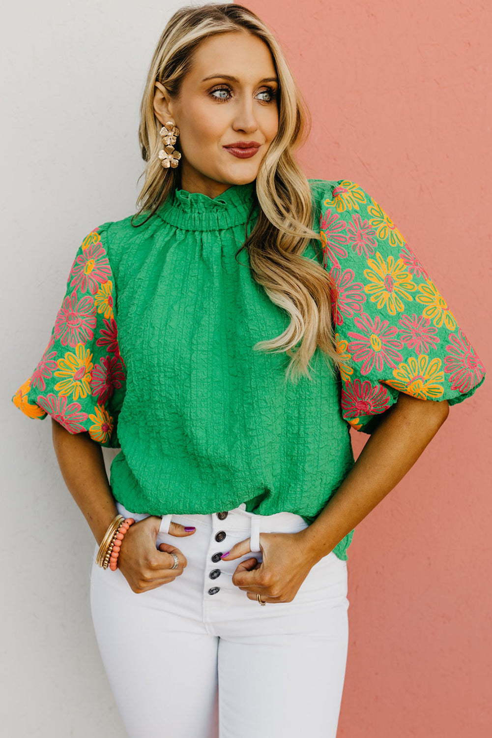 Green Floral Puff Sleeve Ruffled Collar Button Back Top