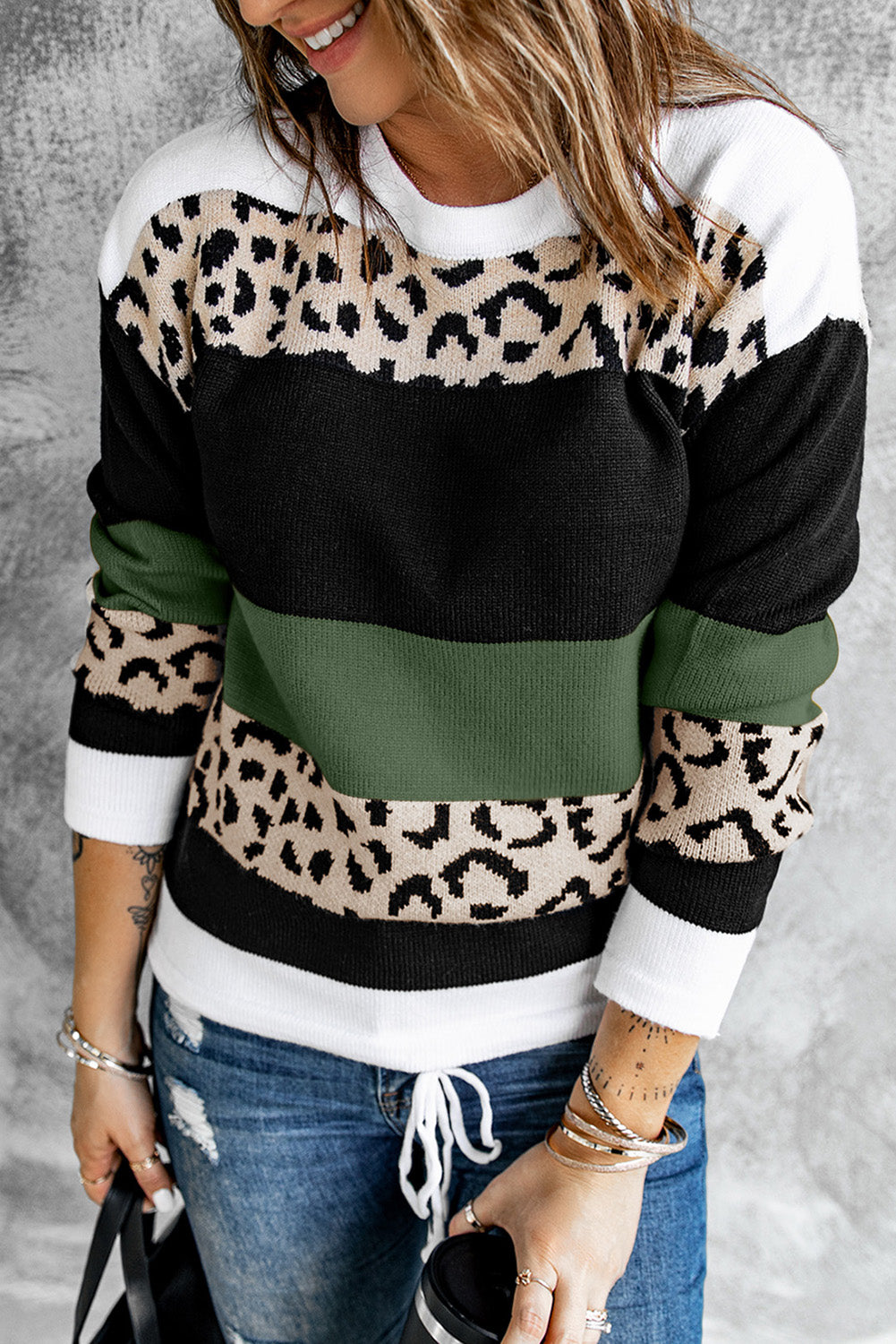 Leopard Color Block Knit Pullover Sweater