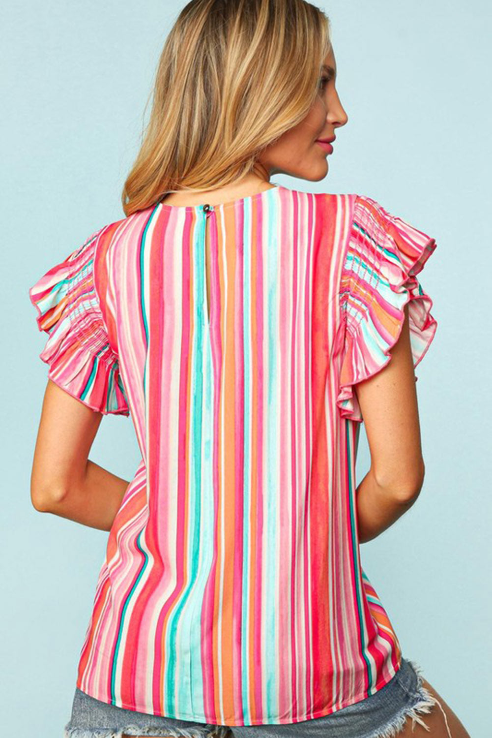 Multicolor Abstract Print Stitching Ruffle Sleeve Blouse