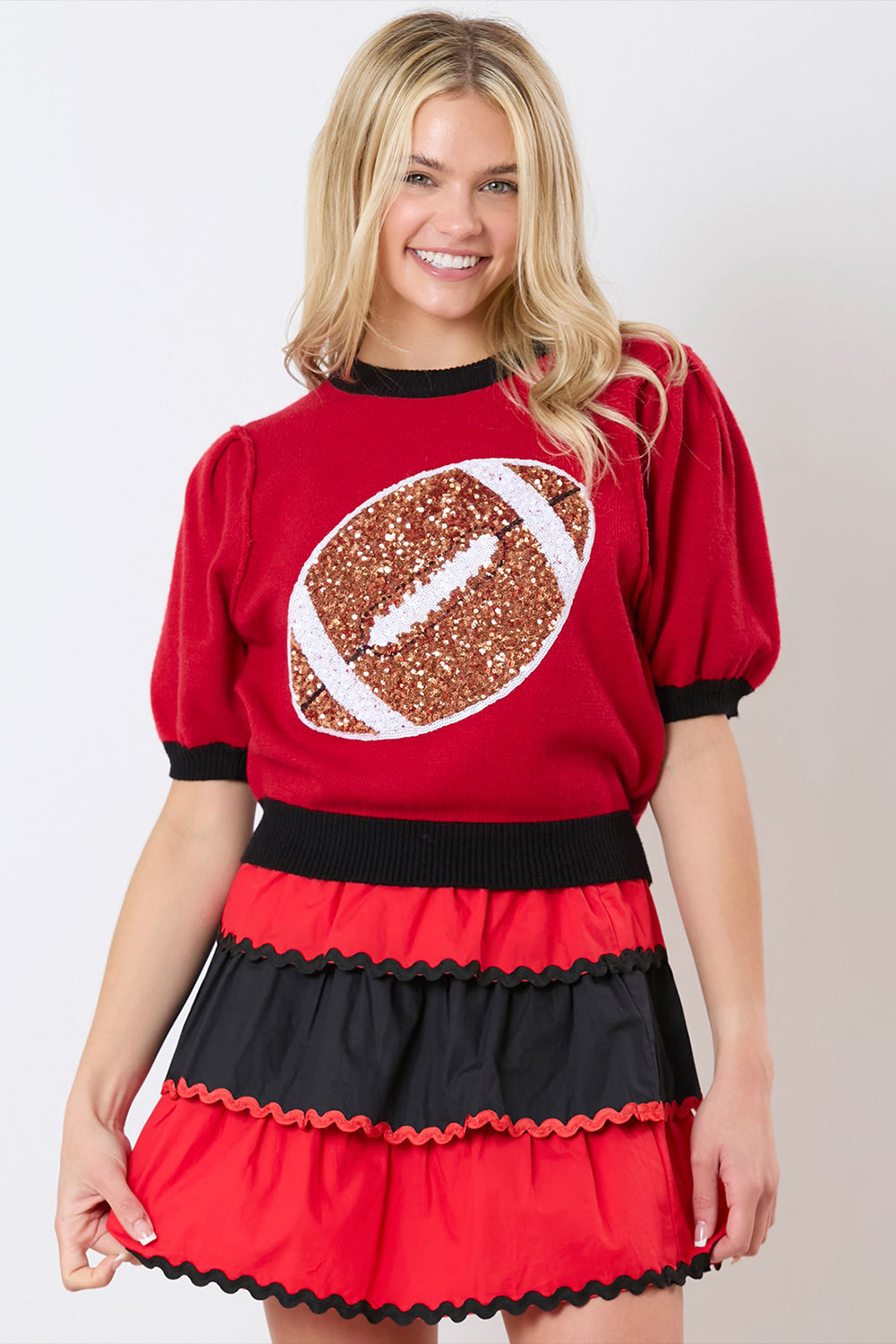 Red Sequin Football Puff Sleeve Sweater