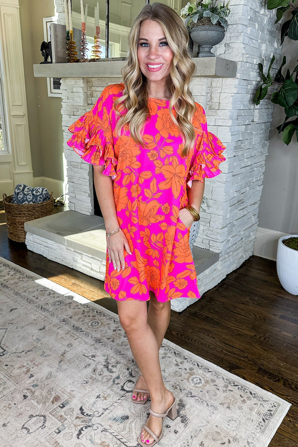 Pink Voluminous Ruffled Sleeve Floral Dress