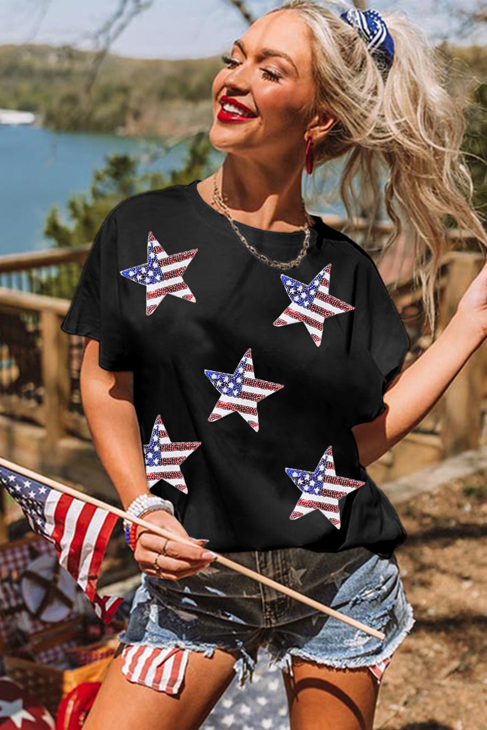 Black Sequined American Flag Star Graphic T Shirt