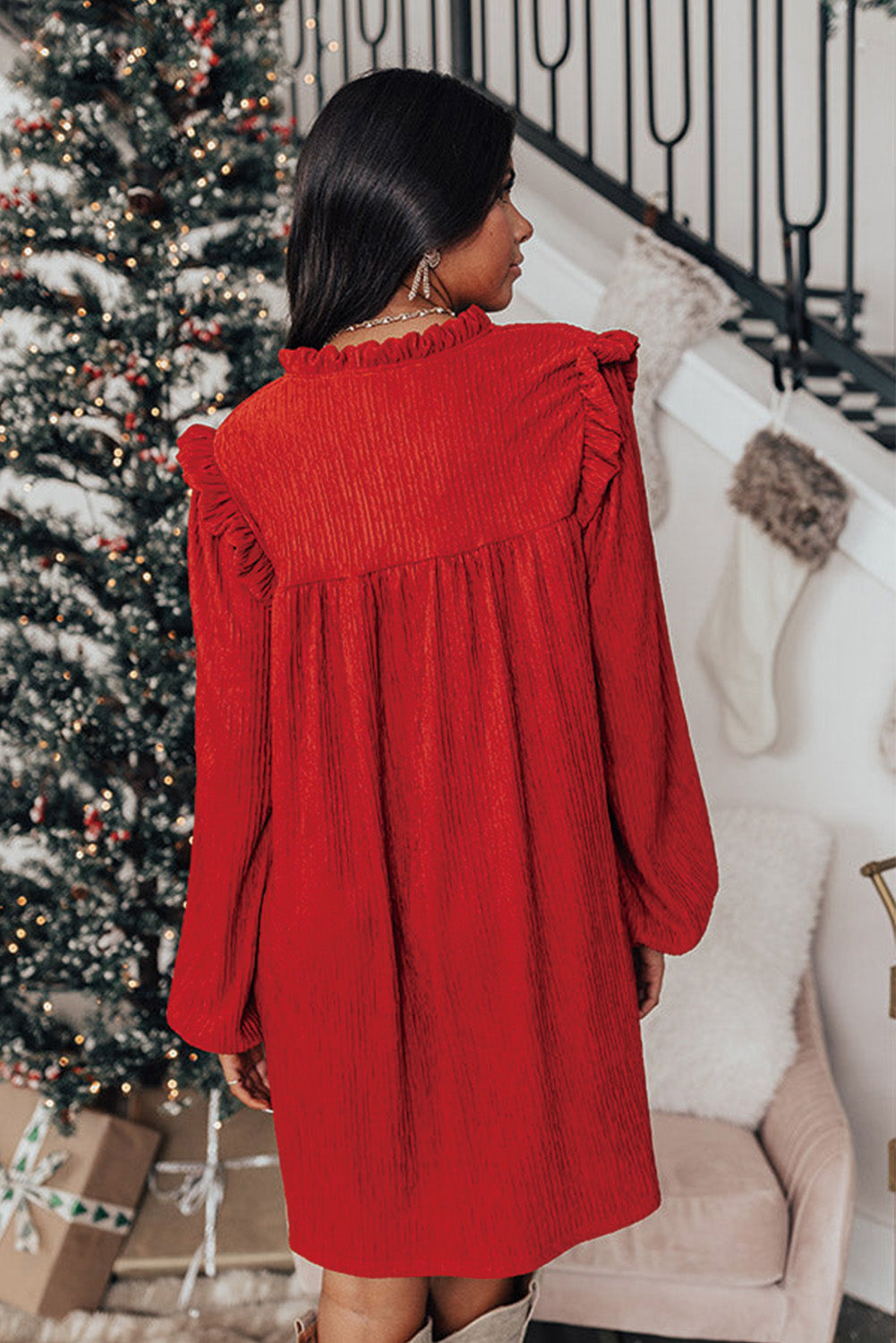 Red Textured Ruffled Trim V Neck Loose Fit Mini Dress