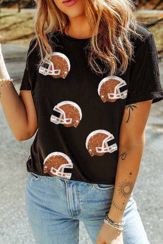 Black Sequin Football Helmet Graphic Crewneck