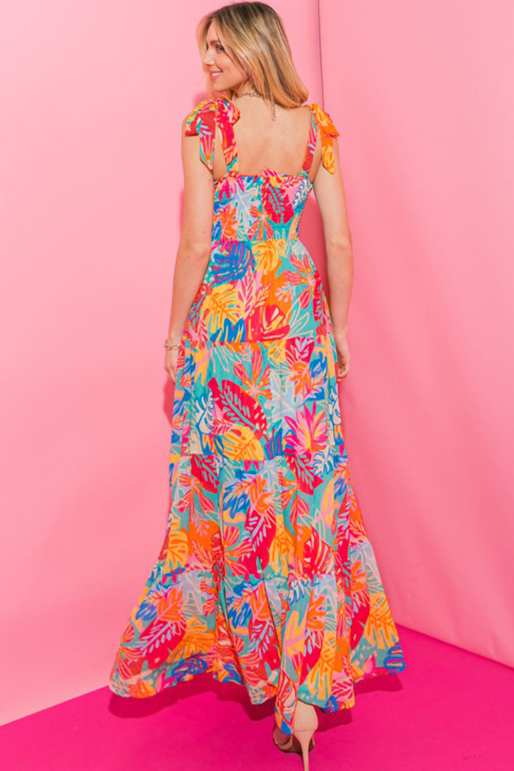 Vibrant Tropical Print Smocked Ruffle Tiered Maxi Dress