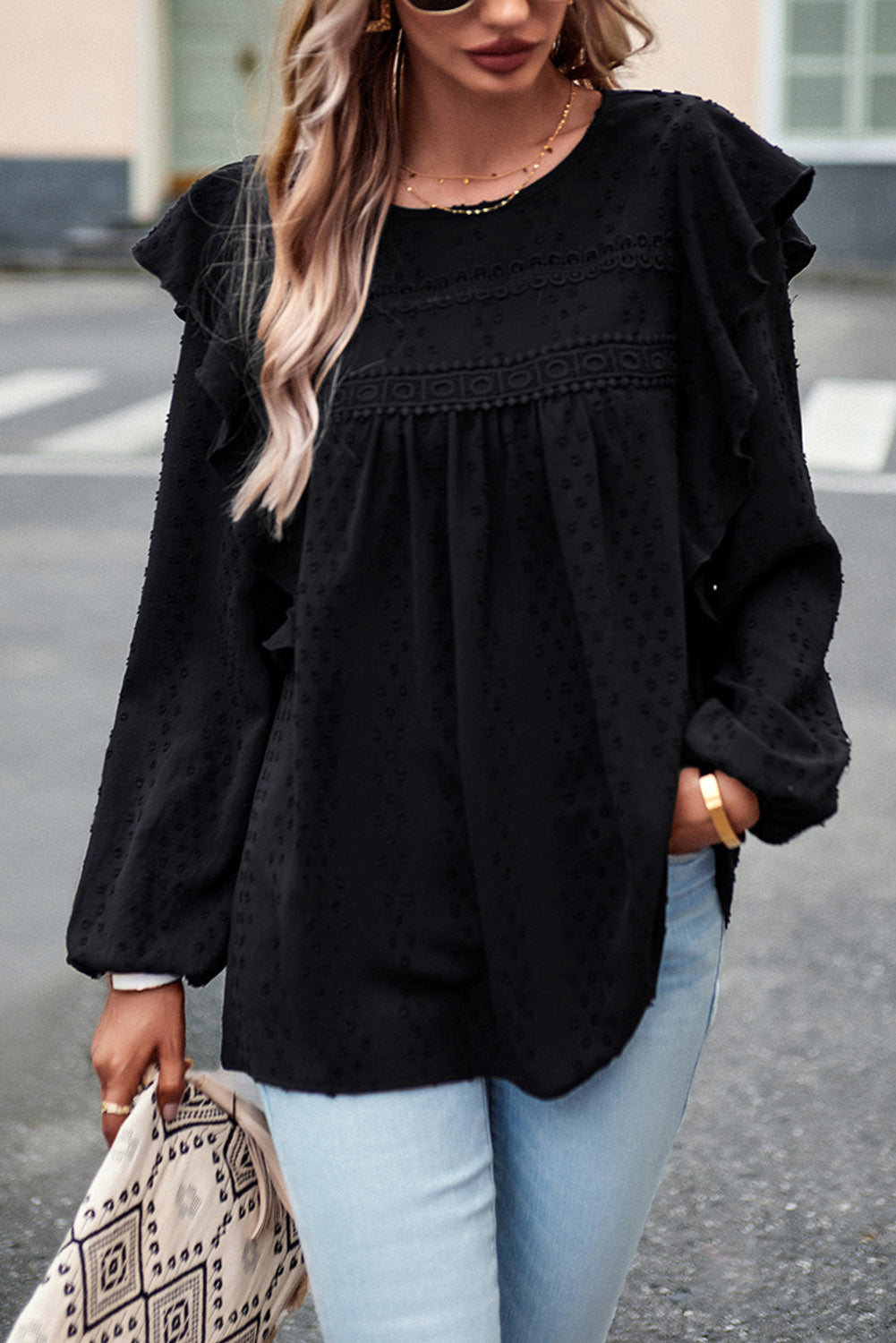 Lace Eyelet Ruffle Long Sleeve Blouse