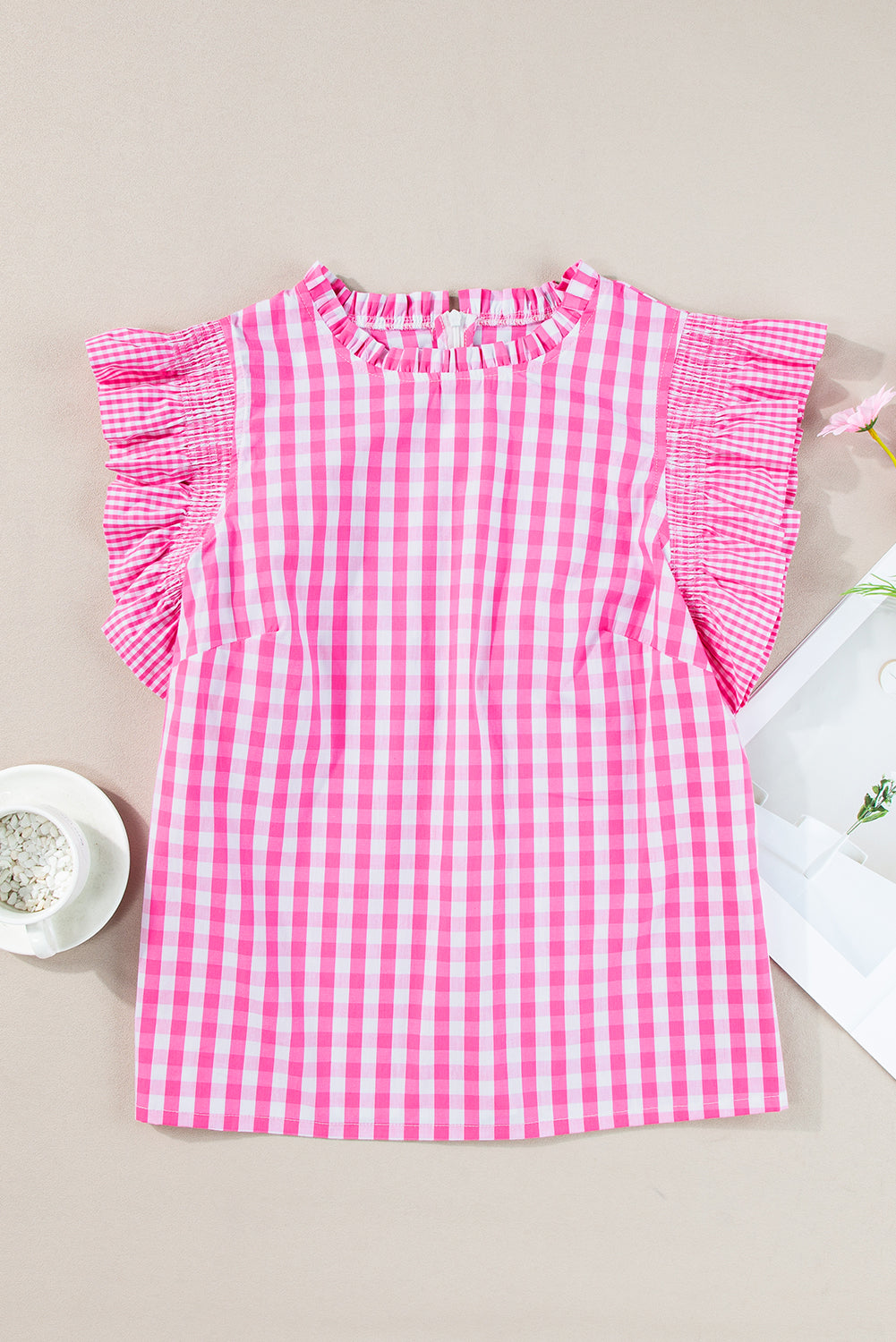 Pink Checkered Ruffled Sleeve Frilled Neck Blouse