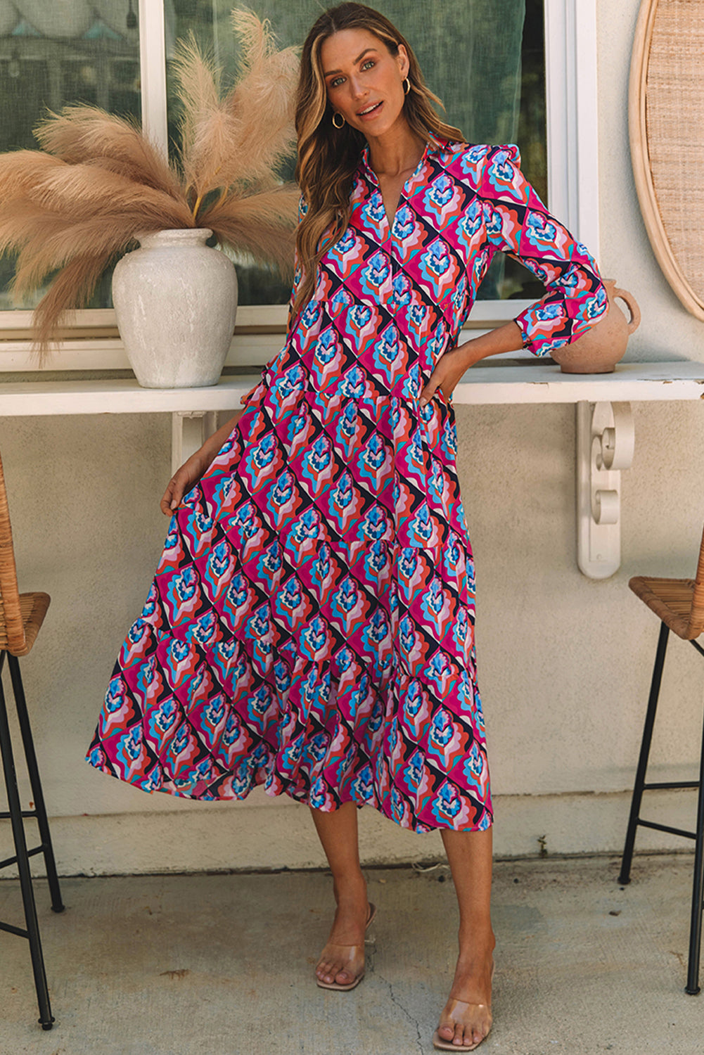 Geometric Print Long Sleeve High Waist Dress