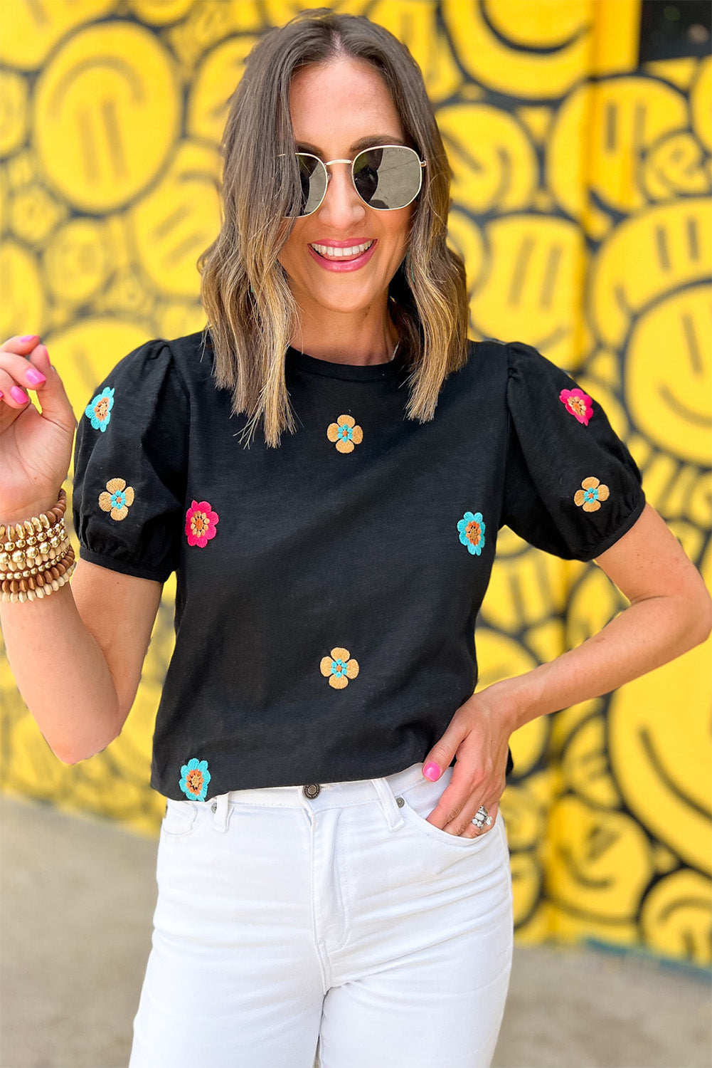 Embroidered Flower Short Puff Sleeve Tee