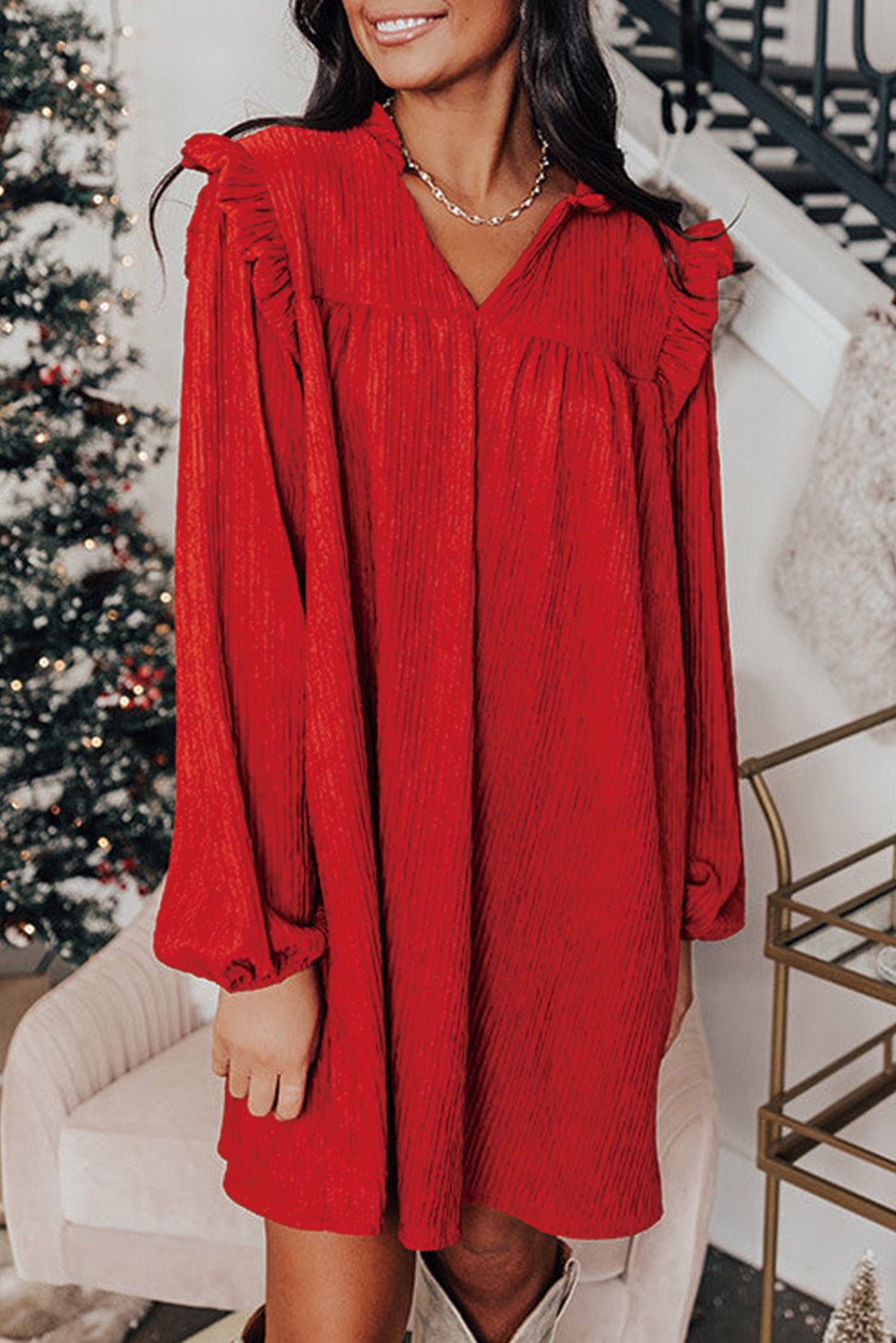 Red Textured Ruffled Trim V Neck Loose Fit Mini Dress