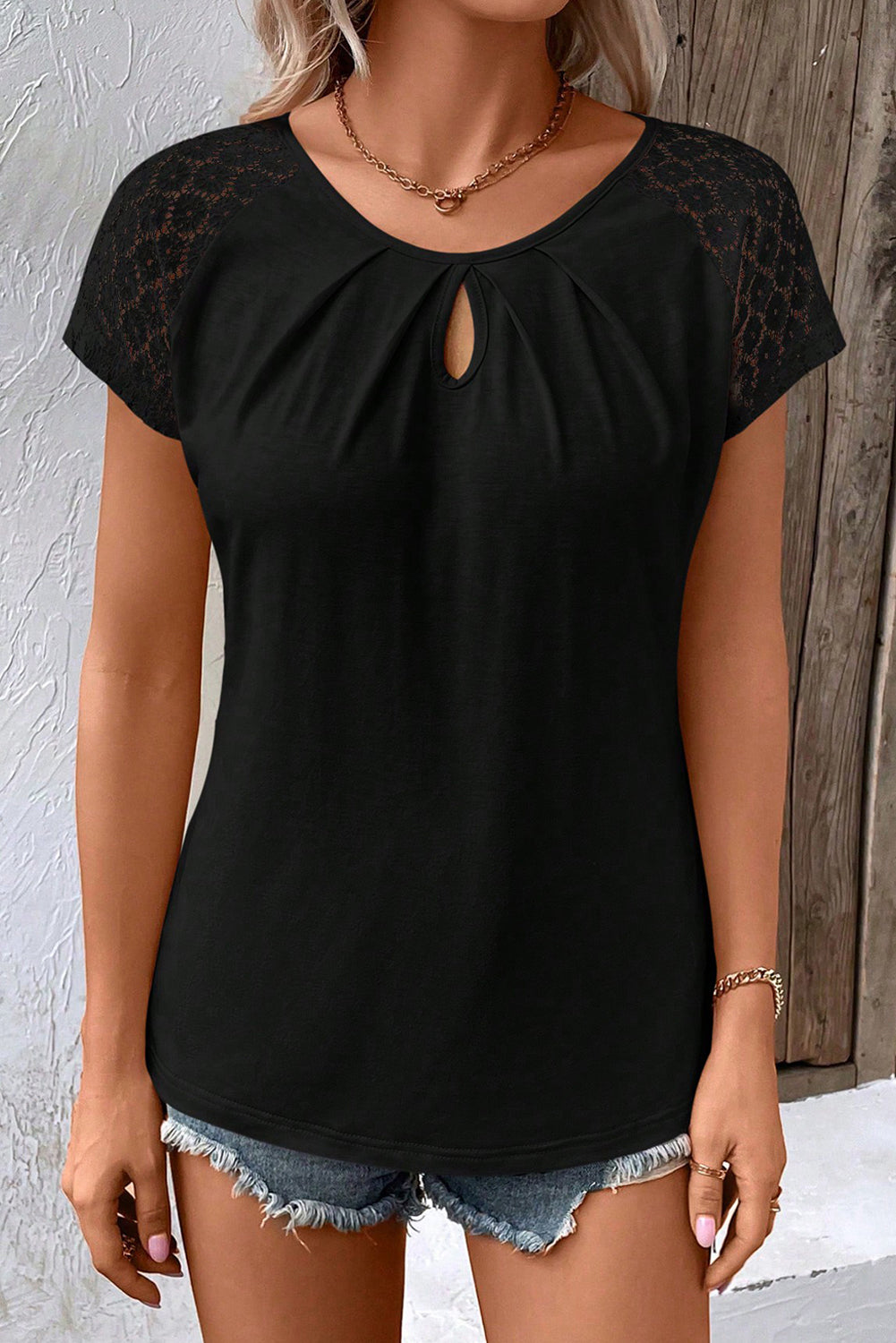 Black Contrast Lace Sleeve Keyhole Top