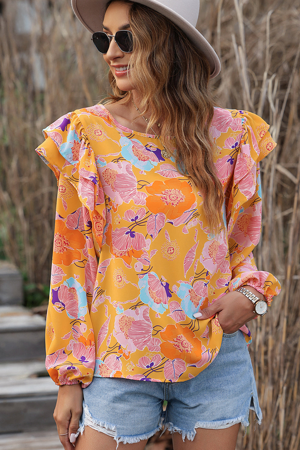 Playful Floral Print Ruffle Puff Sleeve Blouse