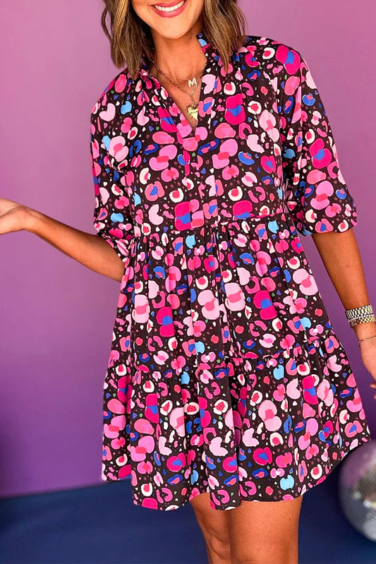 Pink Abstract Print V Neck Collared Half Sleeve Short Dress