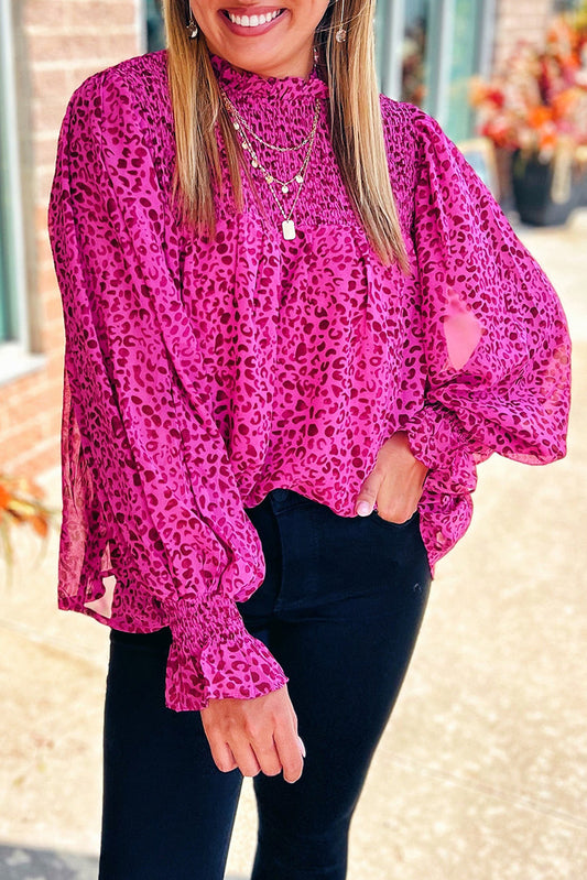 Pink Leopard Shirred Puff Sleeve Flowy Blouse