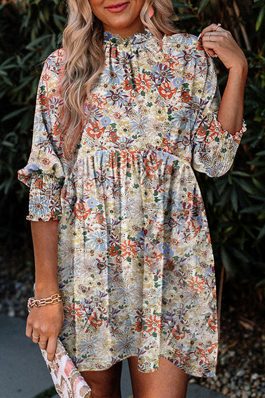 Boho Floral Frilled Neck Shirred Bracelet Sleeve Dress