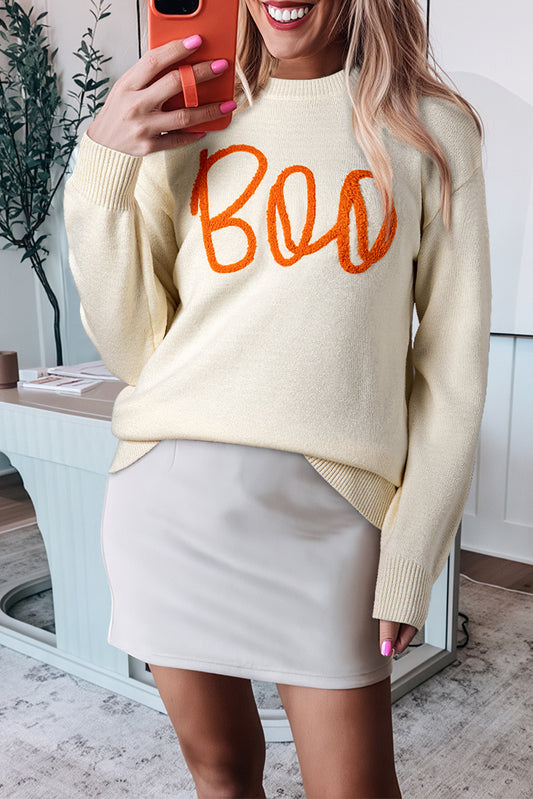 Apricot Boo Knitted Pattern Ribbed Edge Drop Shoulder Sweater