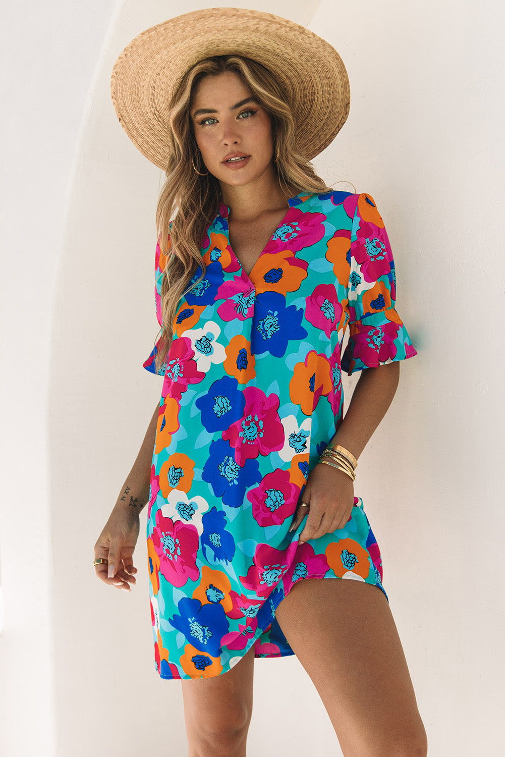 Ruffle Sleeve Floral Shift Dress