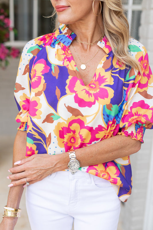 Floral Split Neck Frilled Bubble Sleeve Blouse