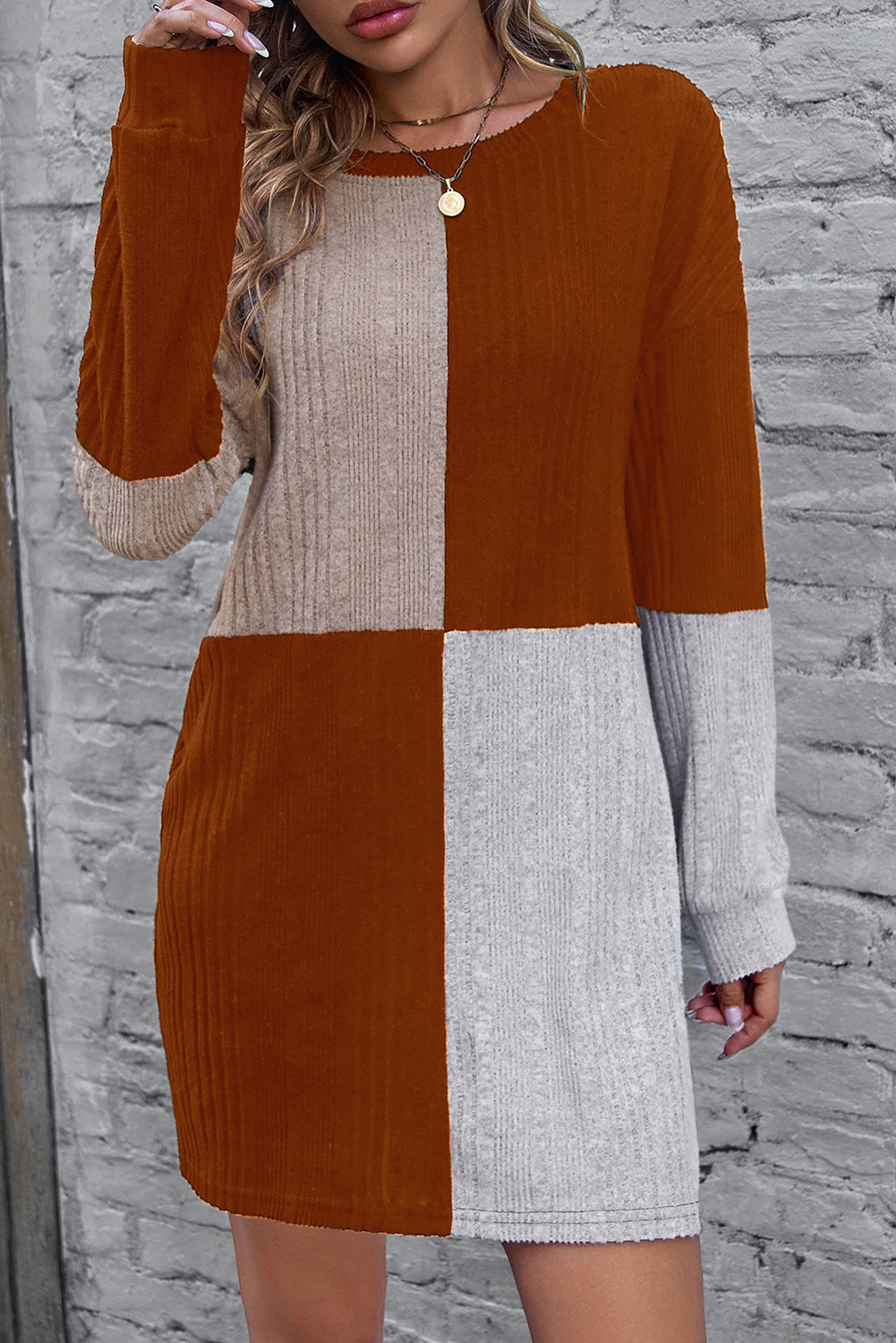 Ribbed Color Block Long Sleeve Mini Dress