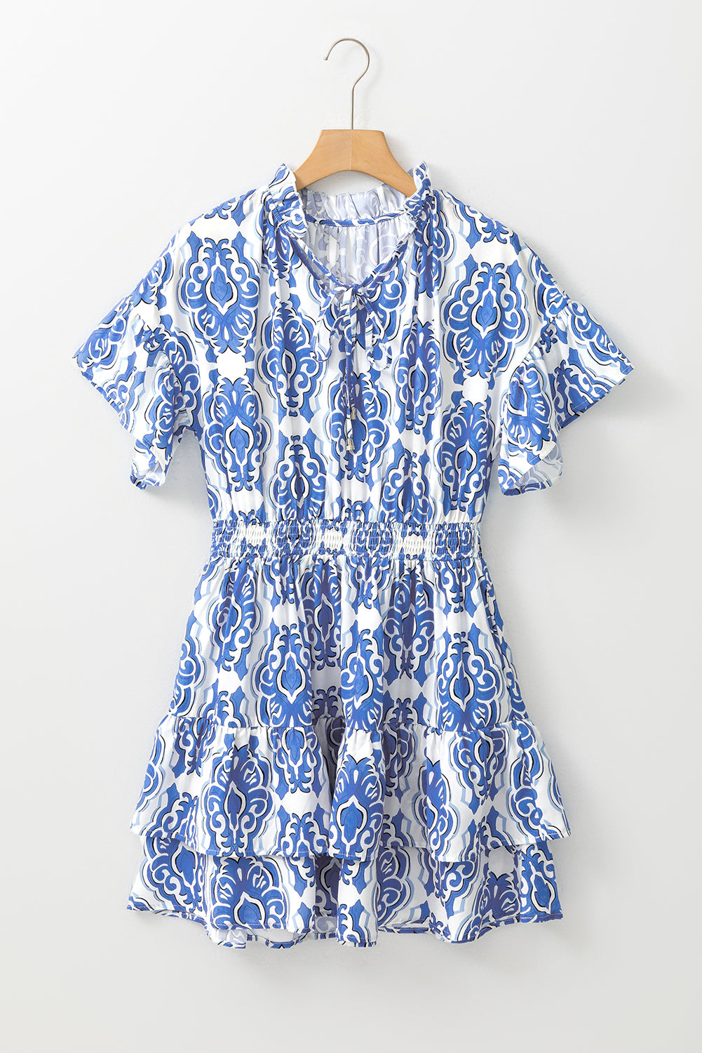 Blue Vintage Floral Print Wide Ruffled Sleeve Dress