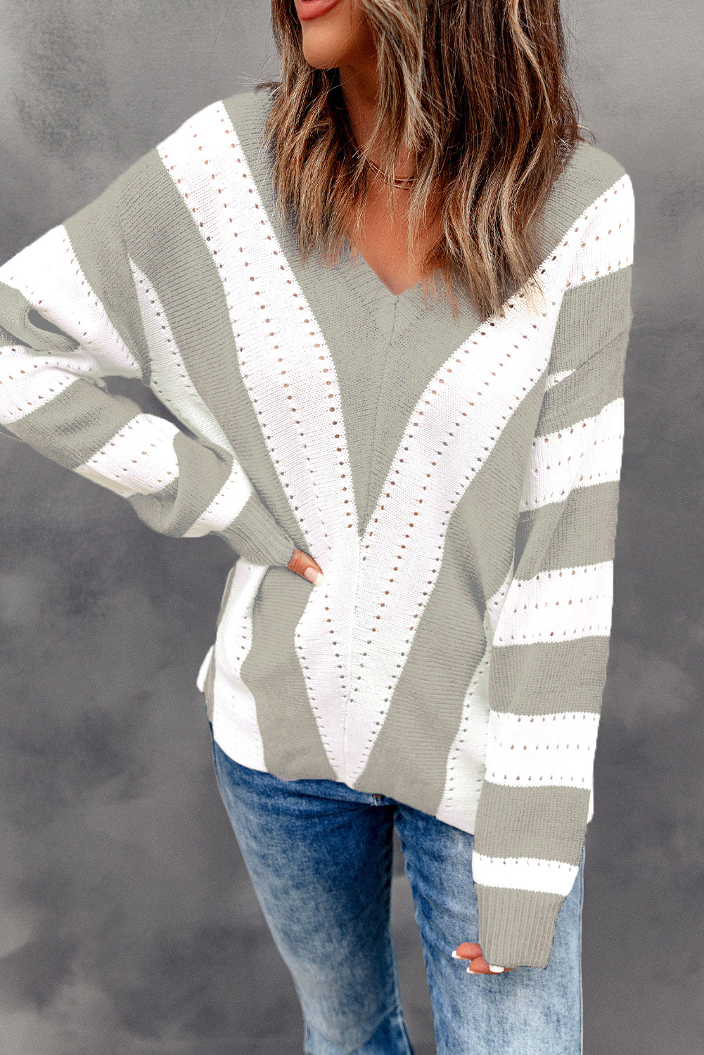 Striped Colorblock V Neck Knitted Sweater