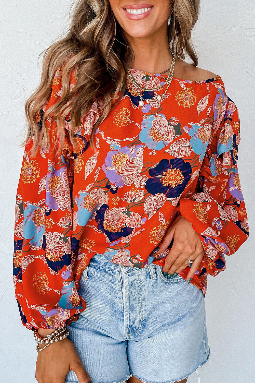 Playful Floral Print Ruffle Puff Sleeve Blouse