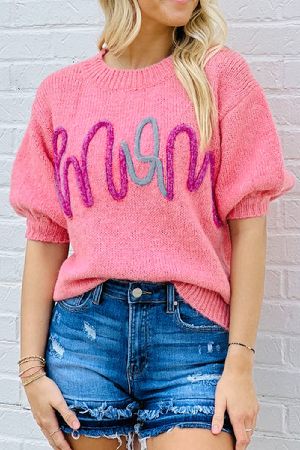 Mom Tinsel Front Short Sleeve Sweater