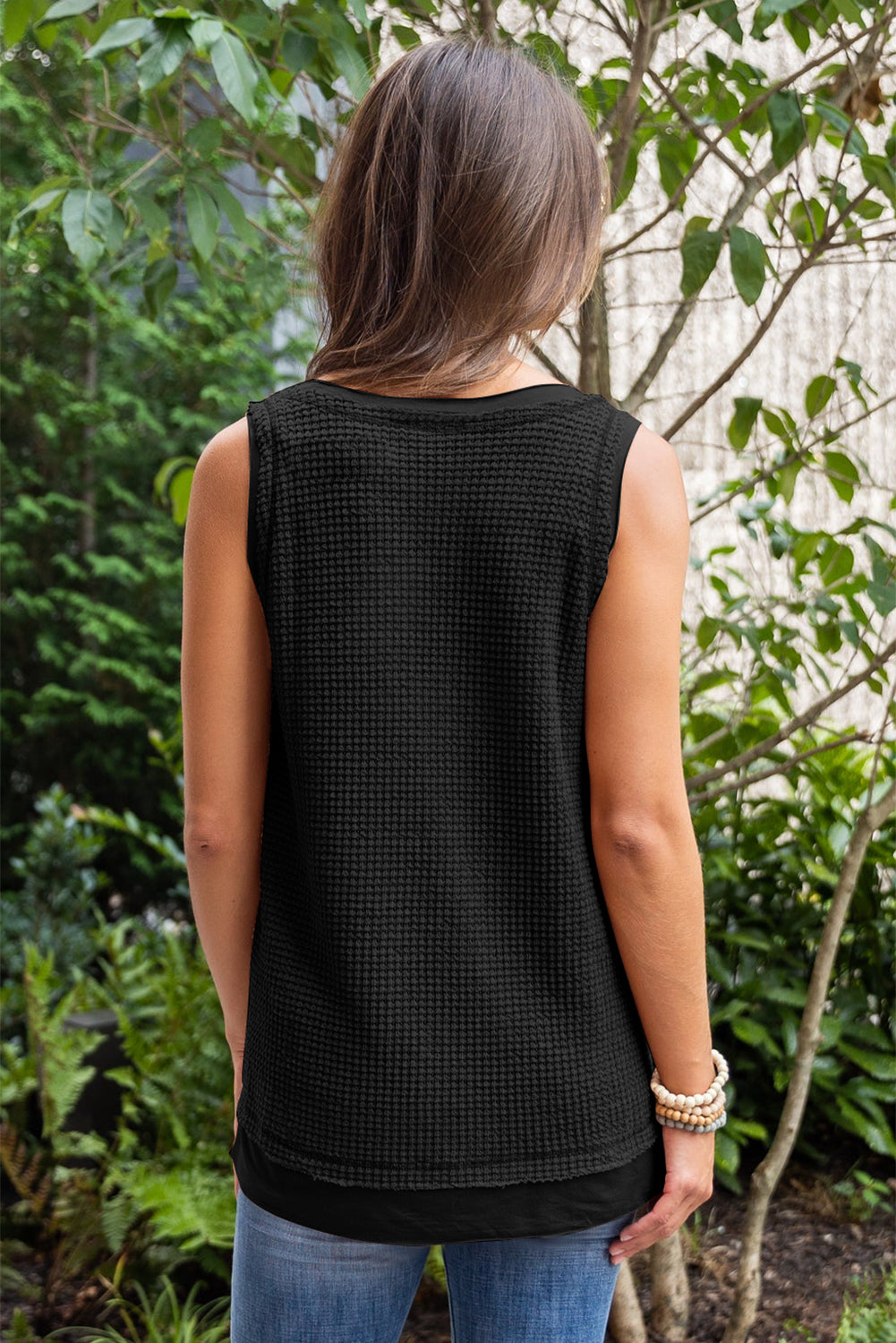 Black Scoop Neck Waffle Knit Flowy Vest