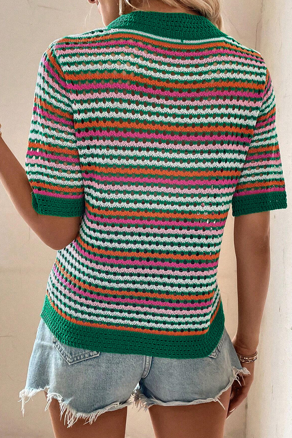 Striped Trim Pointelle Knit T Shirt