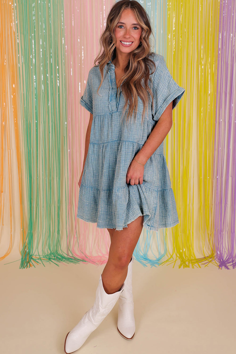 Blue Mineral Wash Crinkle Split Neck Raw Hem Tiered Dress