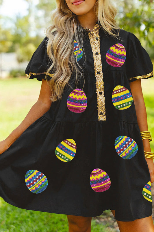 Easter Egg Sequin Trim Half Button Puff Sleeve Dress