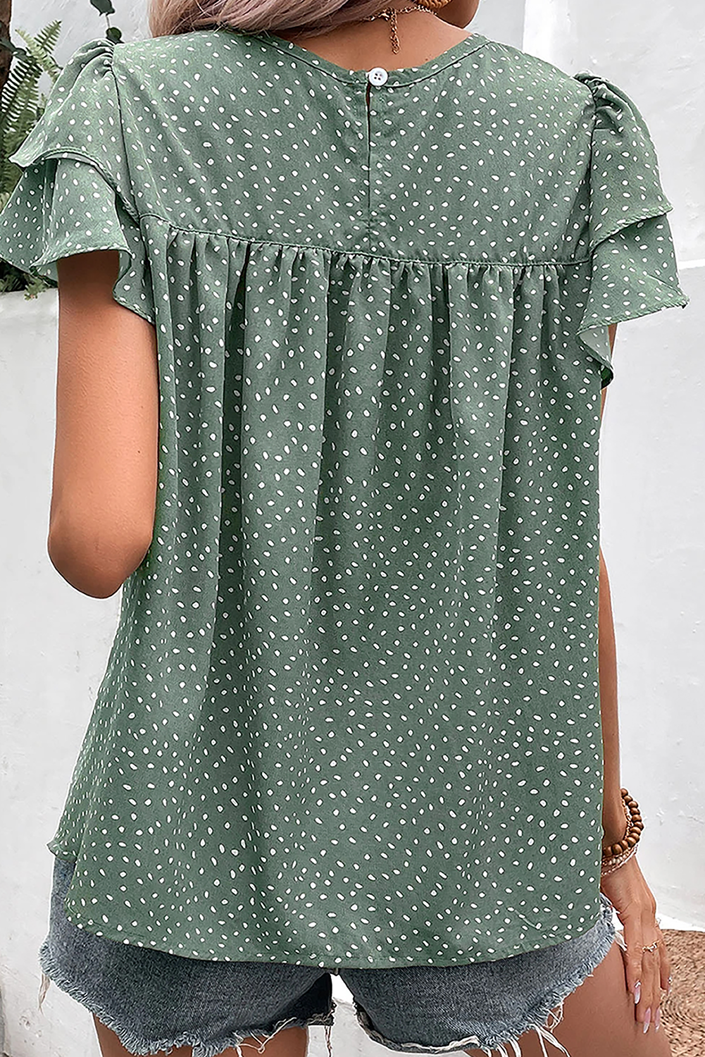 Green Dotted Ruffle Sleeve Crew Neck Ruched Blouse