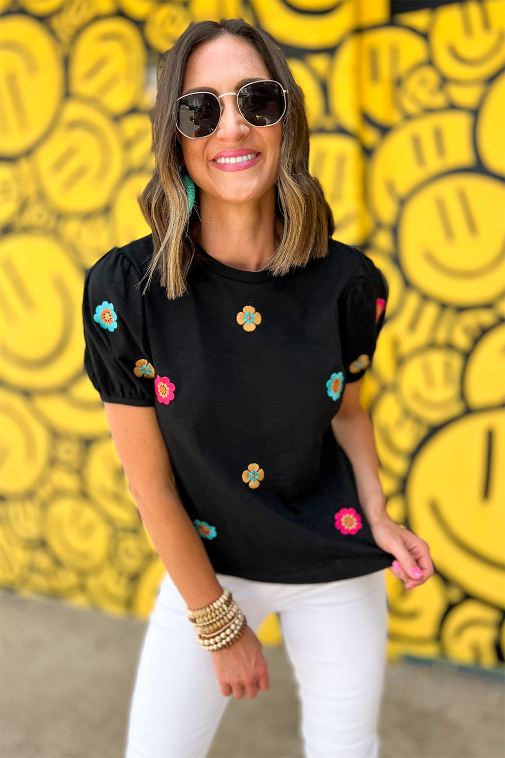 Embroidered Flower Short Puff Sleeve Tee