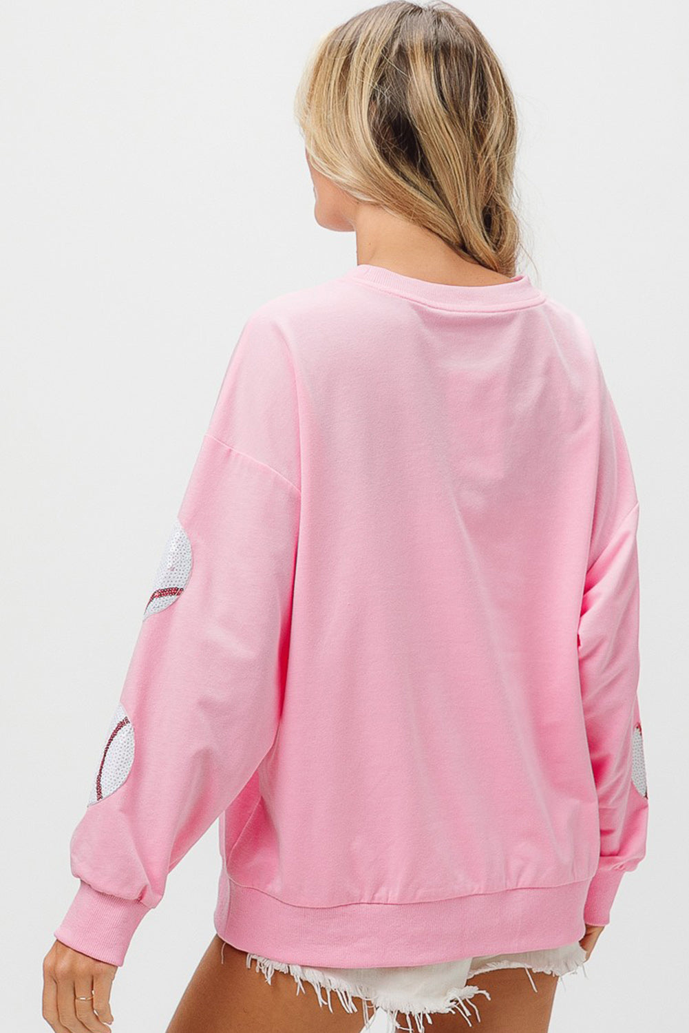 Pink Sequin Baseball Patched Pullover Sweatshirt