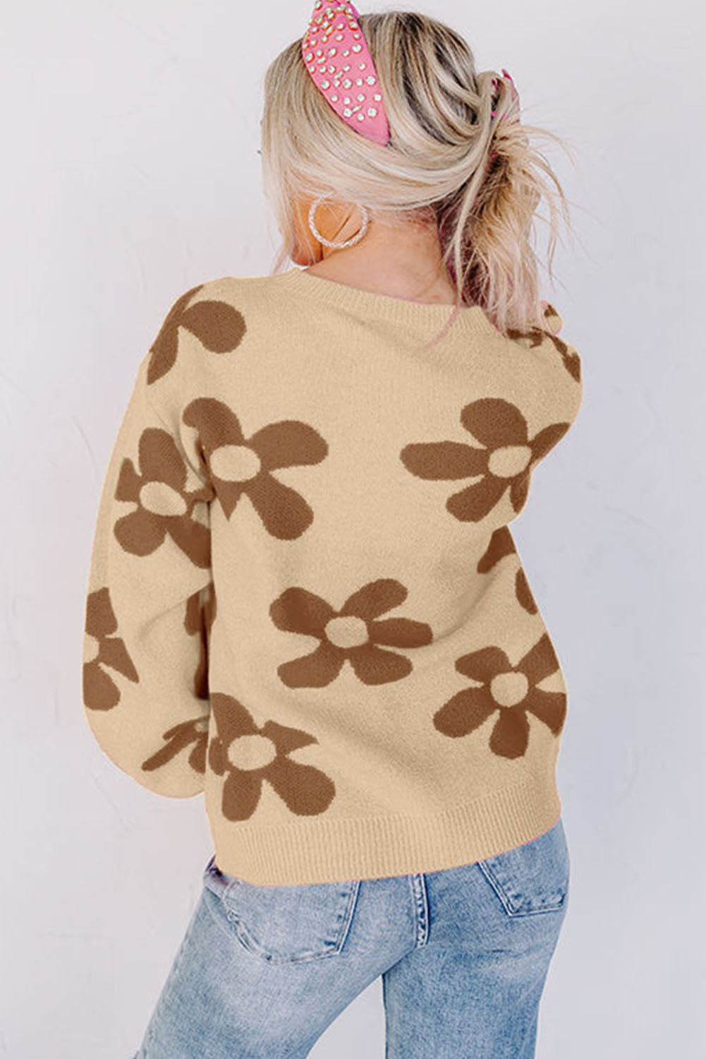 Big Flower Knit Ribbed Trim Sweater