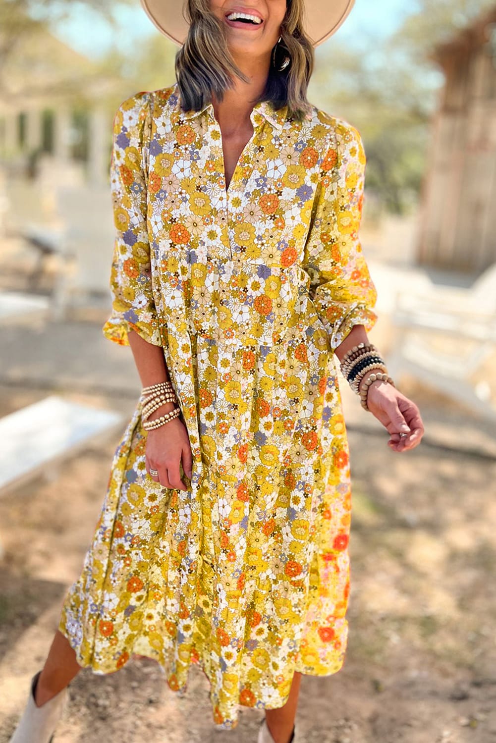 Boho Floral Collared Long Sleeve Ruffled Dress