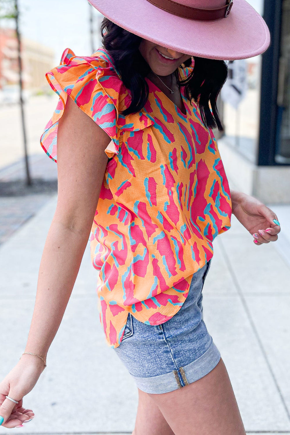 Orange Abstract Print V Neck Ruffled Sleeve Blouse