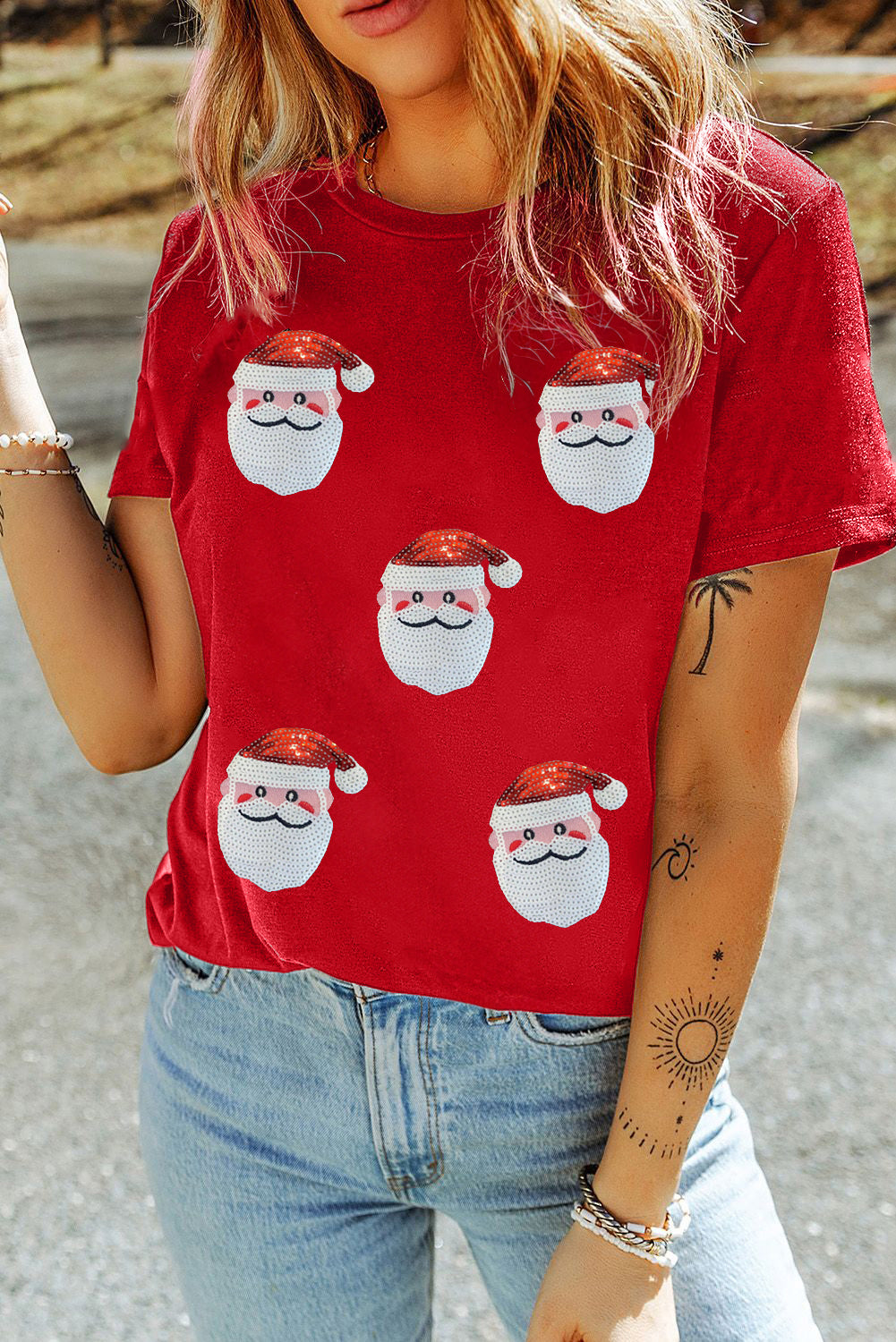 Red Sequin Santa Claus Pattern T Shirt