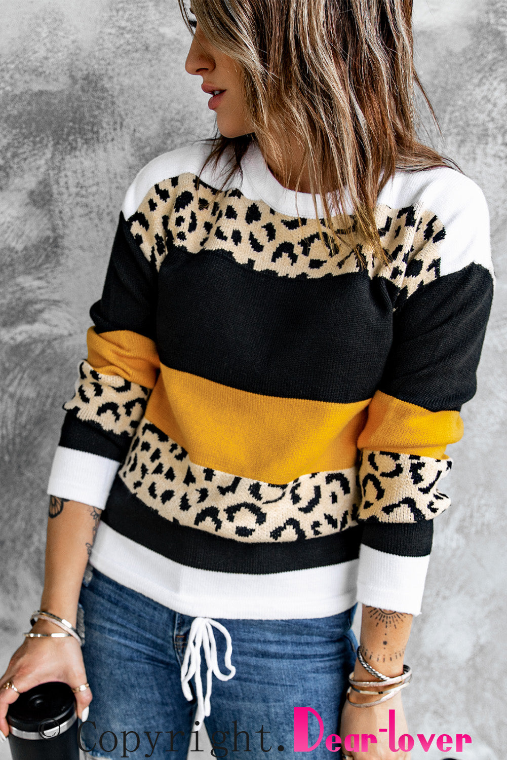 Leopard Color Block Knit Pullover Sweater