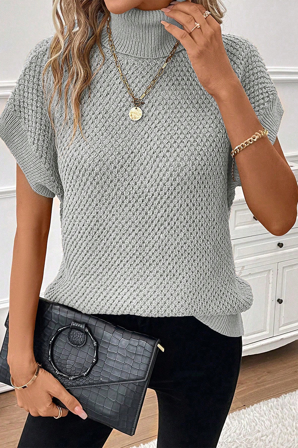 Turtleneck Textured Short Sleeve Sweater