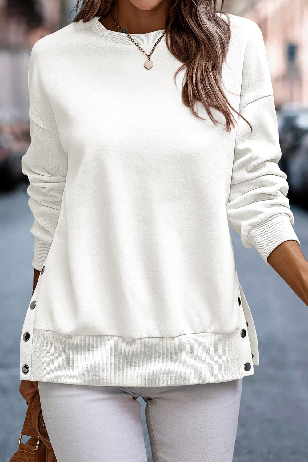 Snap Buttons Side Splits Pullover Sweatshirt